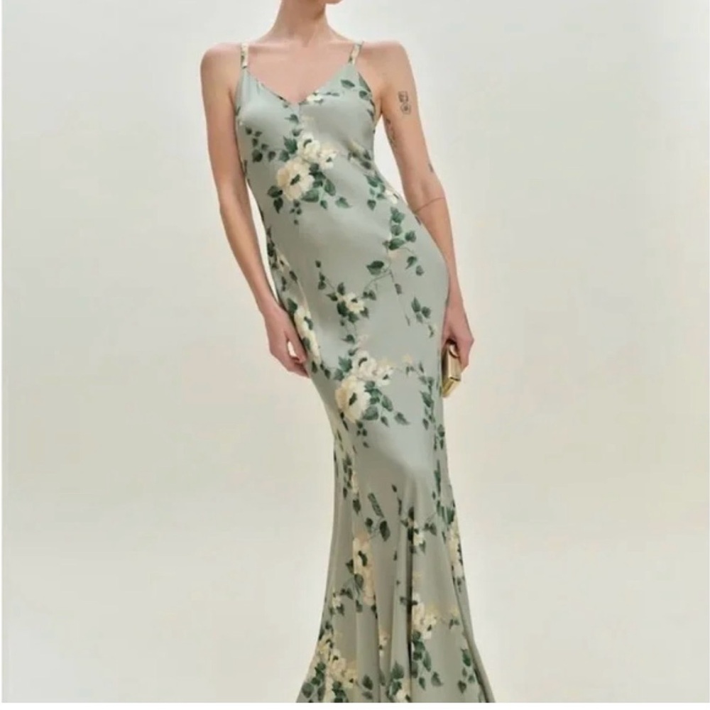 Reformation Tyler Satin Dress Gown Size 4 Shade Green - Picture 5 of 5